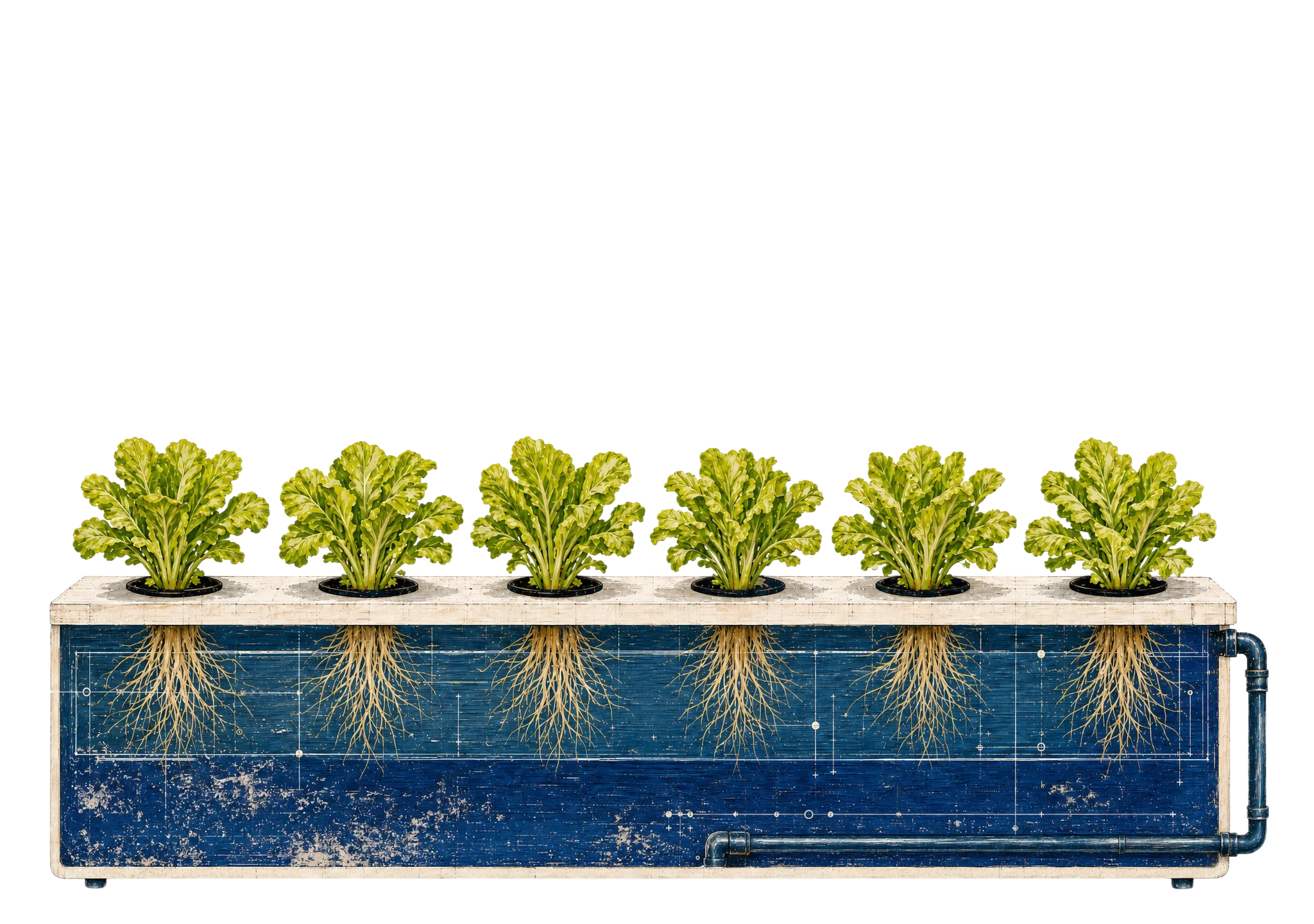 Six lettuce plants in a blueprint-lined hydroponic tank with roots trailing into water