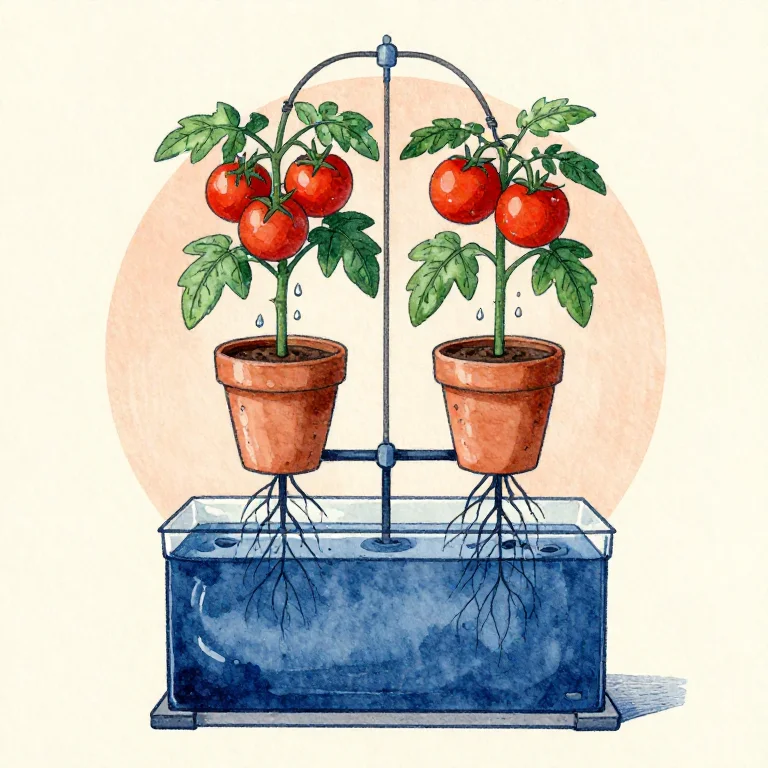 Illustration of tomato plants in pots fed by drip lines over a reservoir