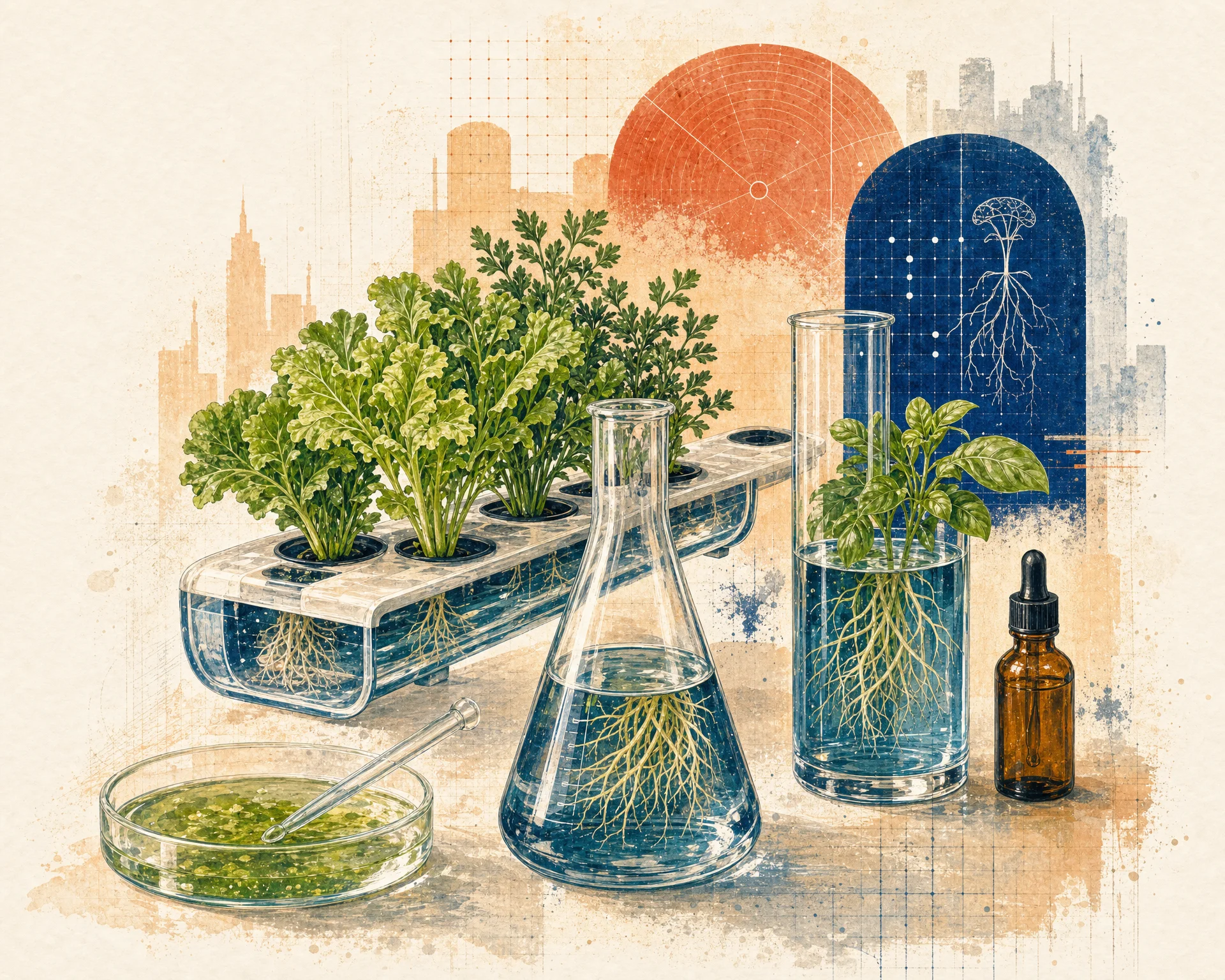 Watercolor still life of hydroponic trays, flasks, and glassware with plants and visible roots against a terracotta sun arc