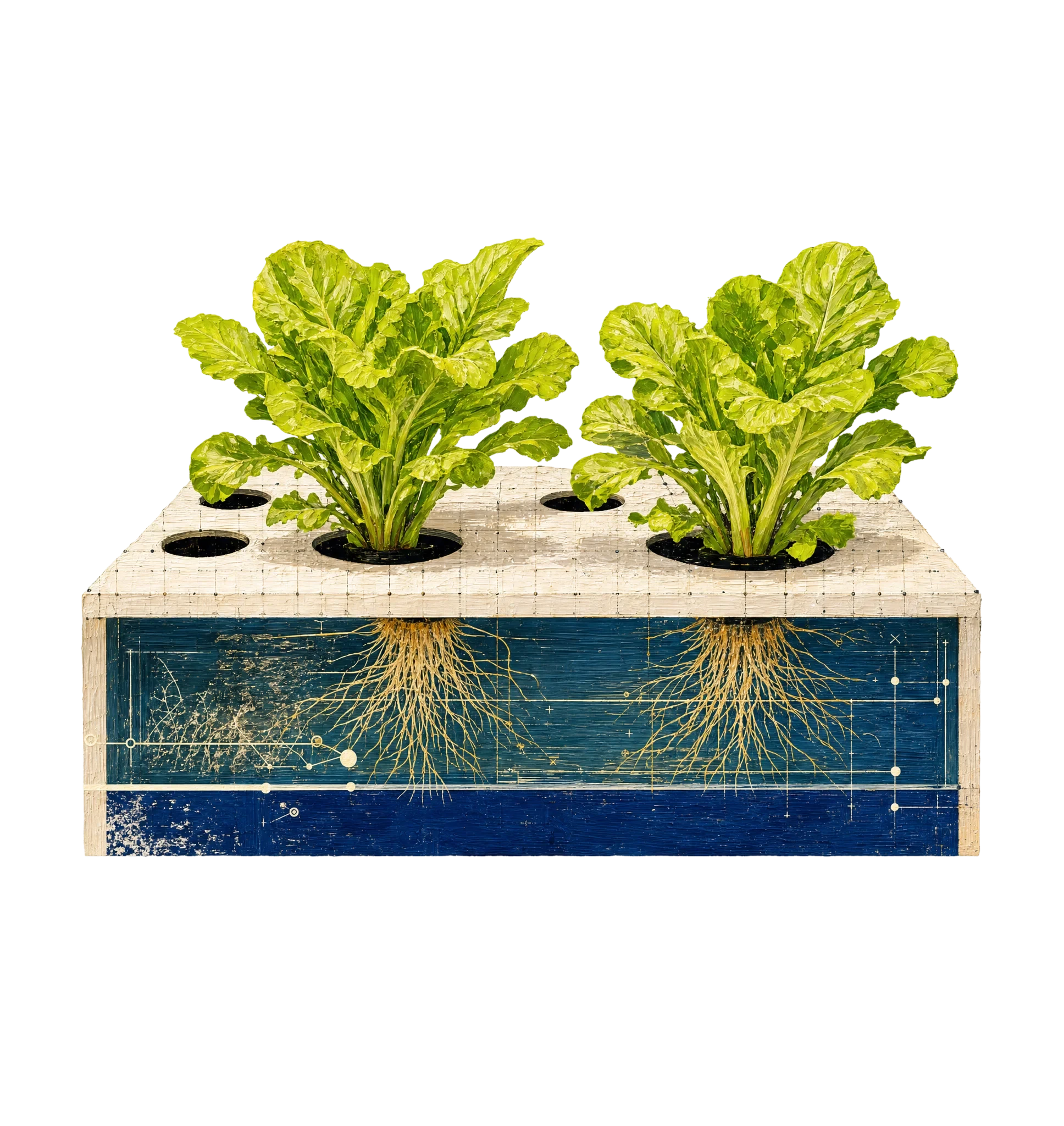 Hydroponic planter box of lettuce with roots trailing into blueprint-lined water