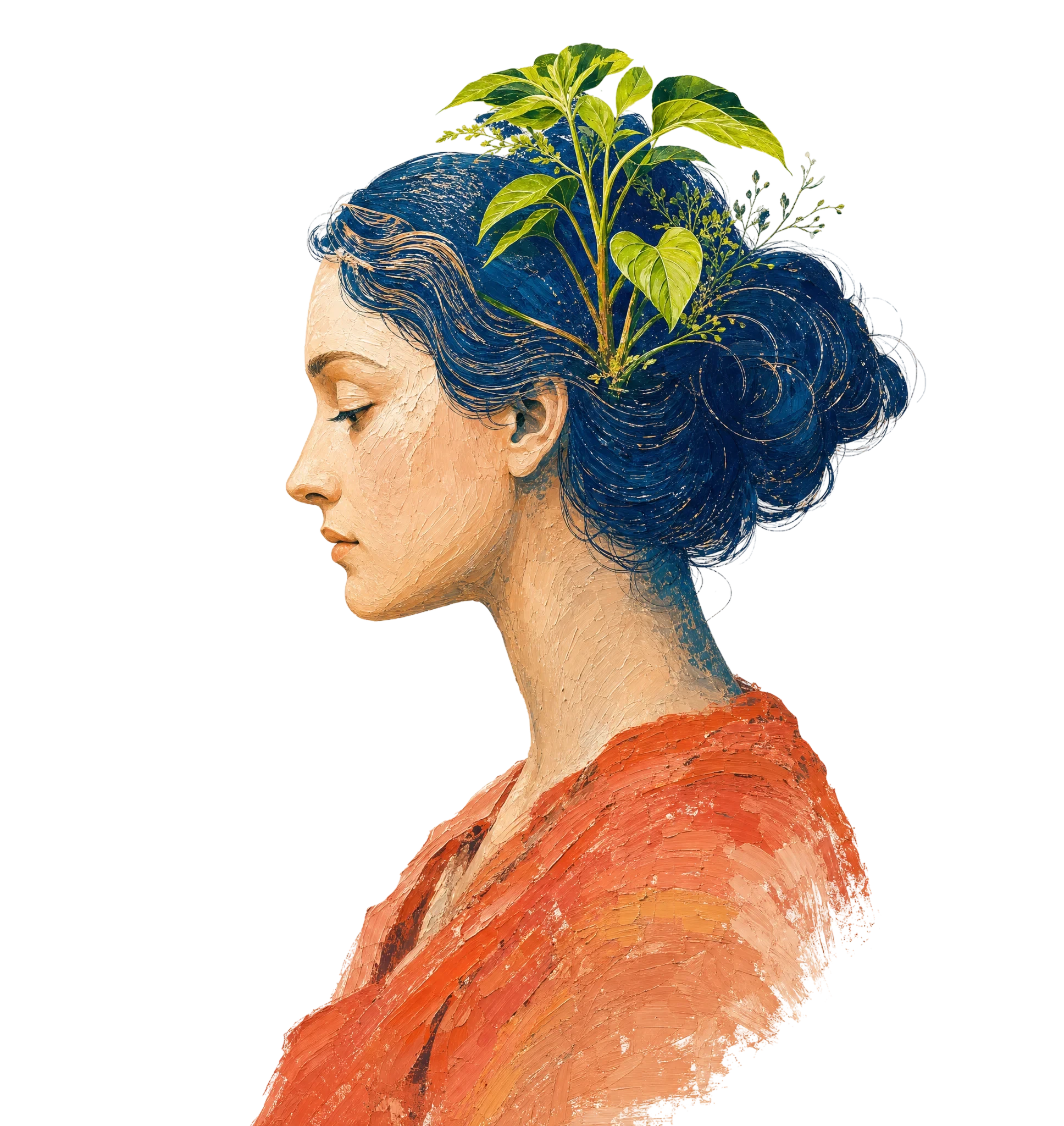 Painterly portrait of a serene woman in profile with a plant growing from her indigo hair