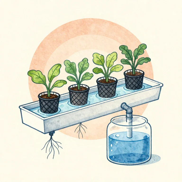 Illustration of plants in net pots over a thin nutrient channel and reservoir