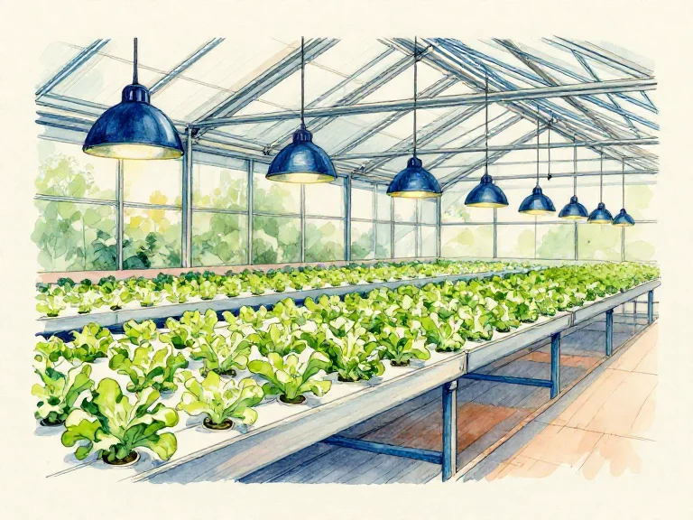 Watercolor illustration of a greenhouse interior with rows of hydroponic lettuce