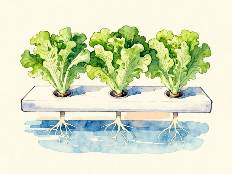 Watercolor illustration of lettuce on a hydroponic raft with roots below