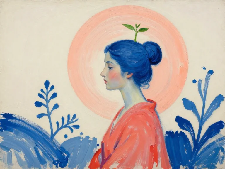 Painterly collage of a woman in profile with a plant growing from her hair