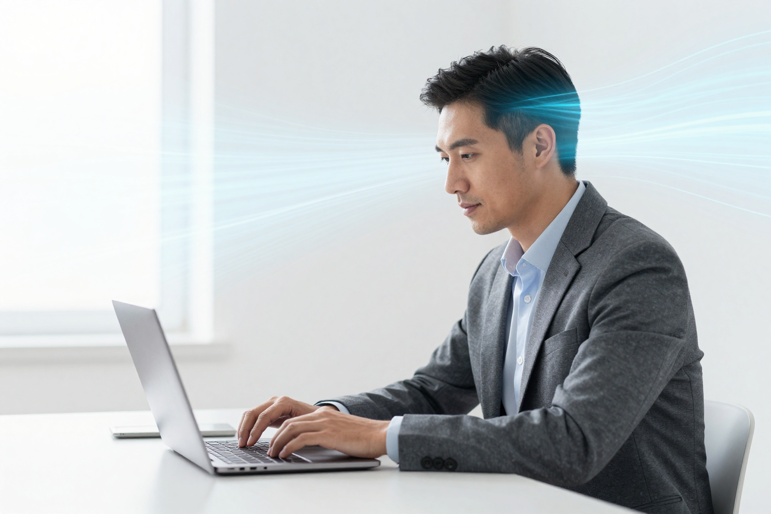 A focused person at work, light streaming from their mind