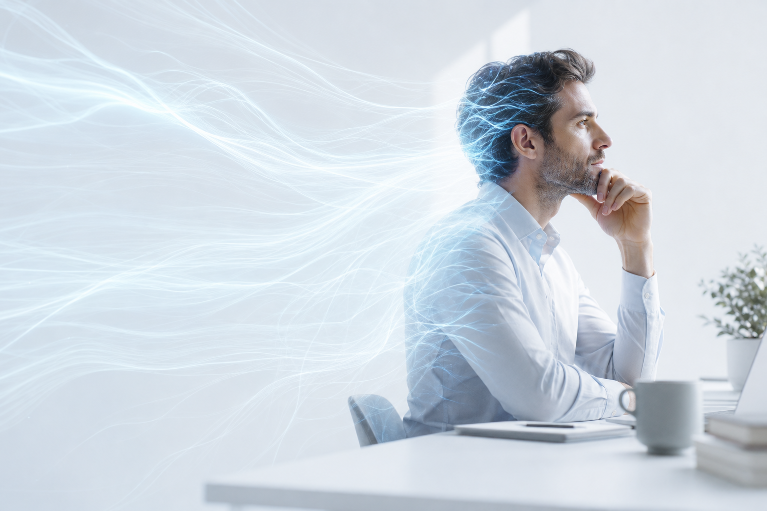 A person in calm thought, light streaming from their mind