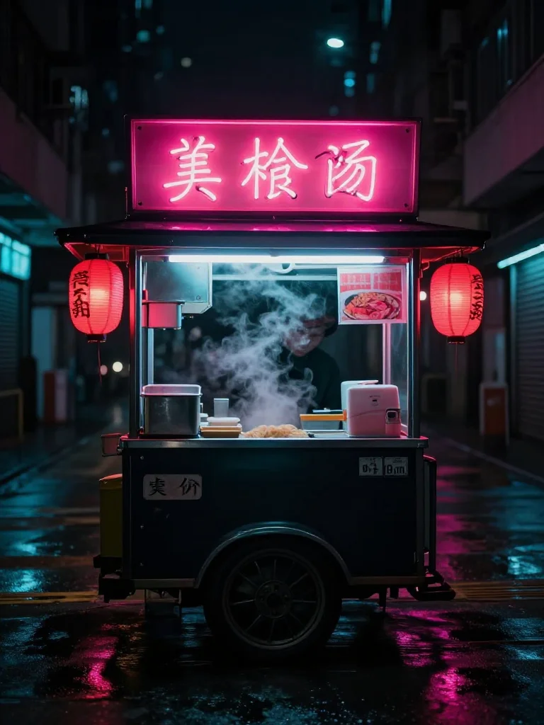 Neon Ramen cart glowing on a wet street at night