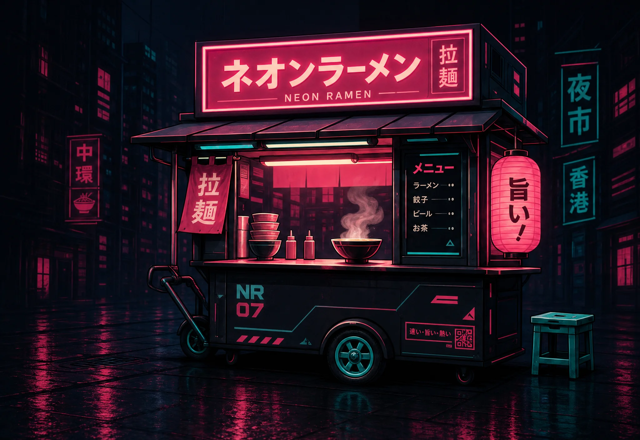The Neon Ramen street cart lit by magenta neon on a rain-slicked Hong Kong street at night
