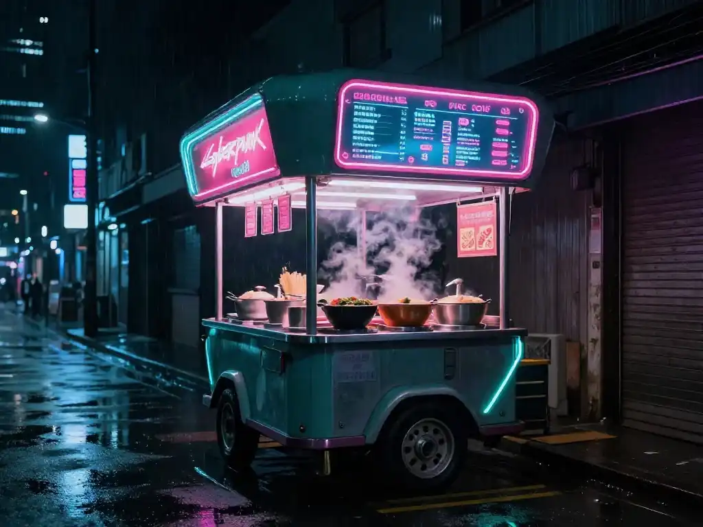 Neon Ramen cart on a rain-slicked street at night