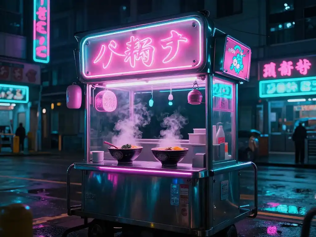 Neon Ramen Futuristic Street Cart in Hong Kong
