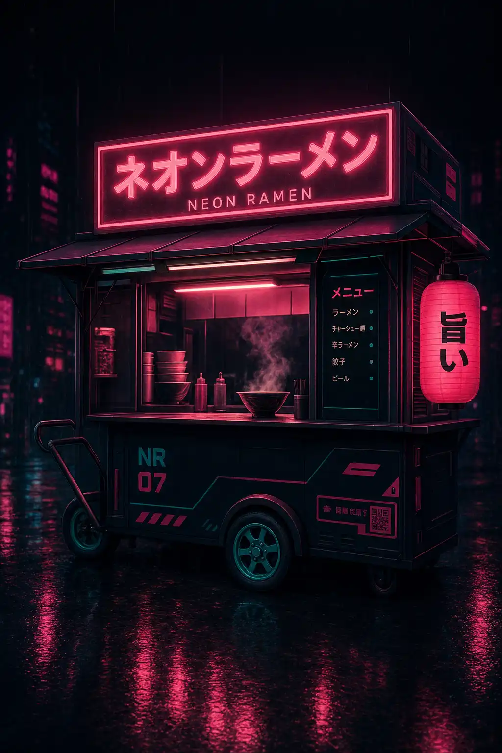 Neon Ramen cart at night with pink signage