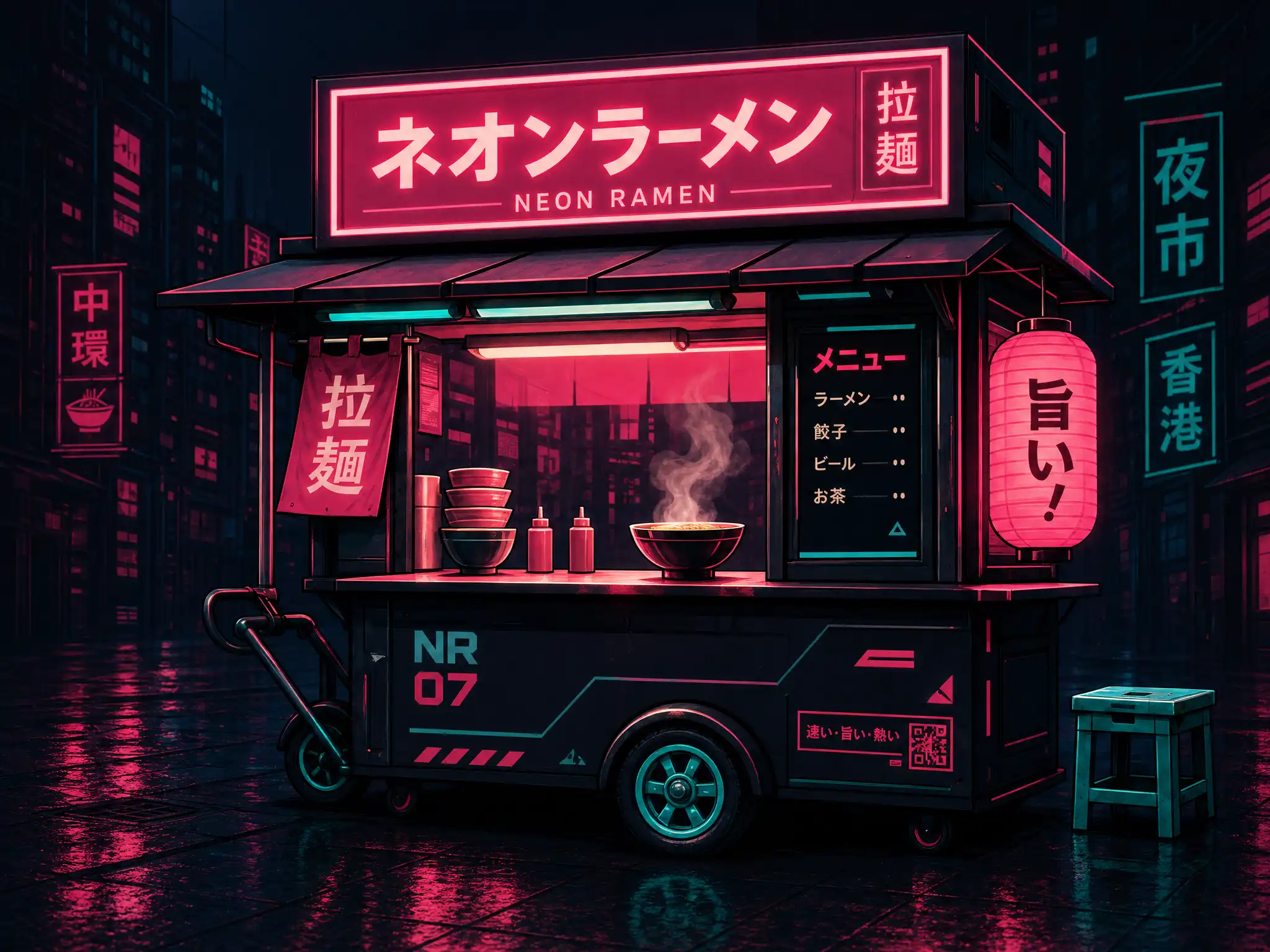 Neon Ramen cart NR 07 glowing pink and teal on a wet Hong Kong street at night
