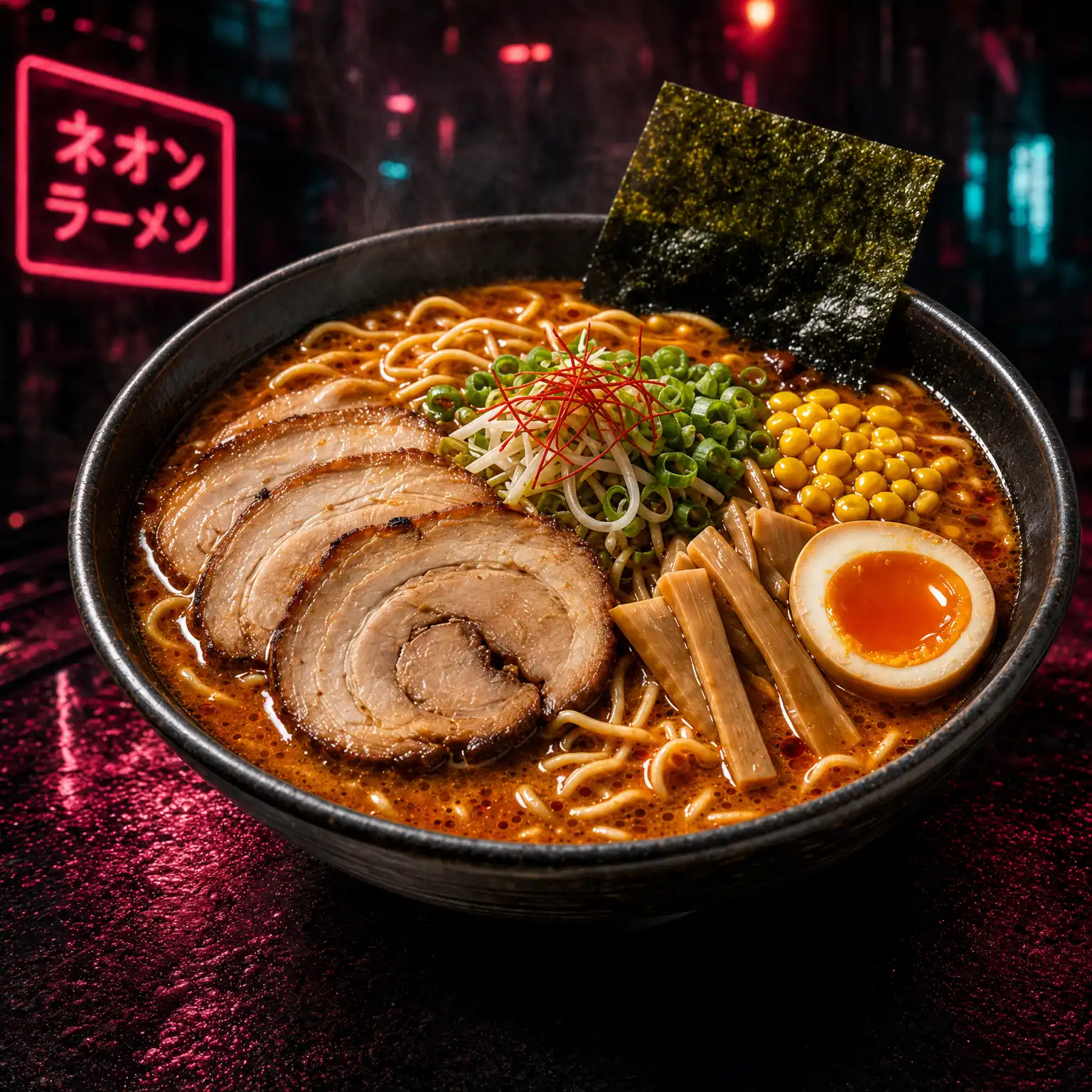 Close-up bowl of spicy miso ramen with chashu, egg, corn, and nori