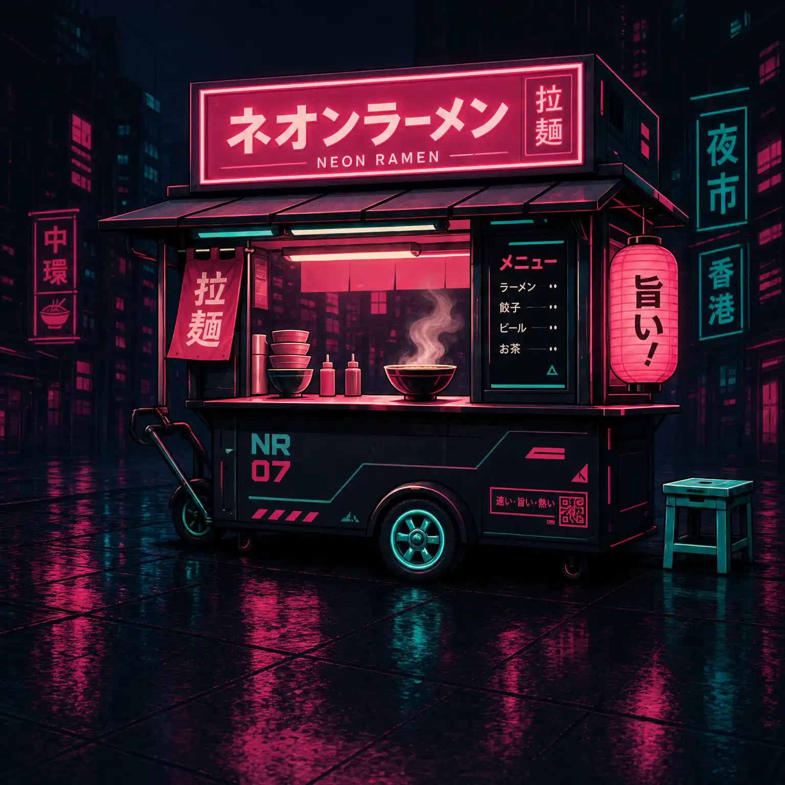 Neon Ramen cart glowing at night
