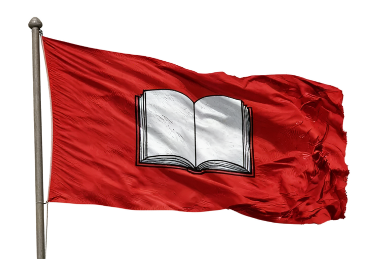 Red flag with open book emblem