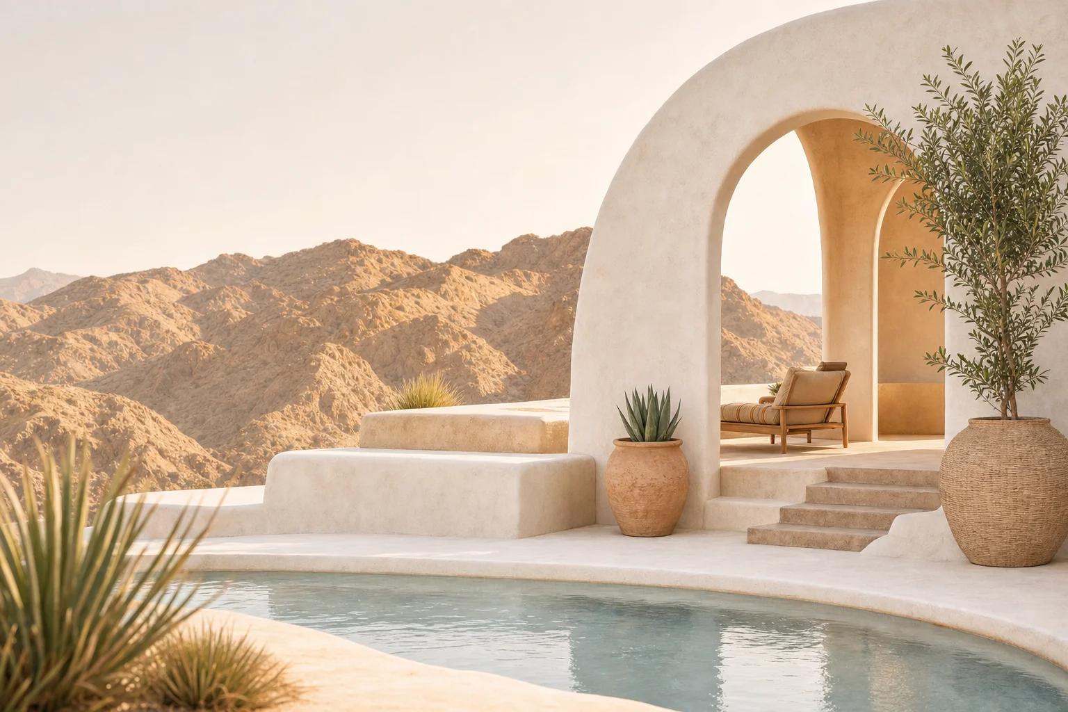 Sunlit adobe courtyard with arched doorway and desert mountains beyond