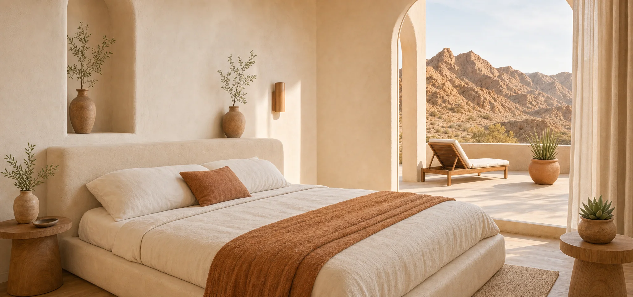 Serene desert suite bedroom opening onto a sunlit terrace with mountain views
