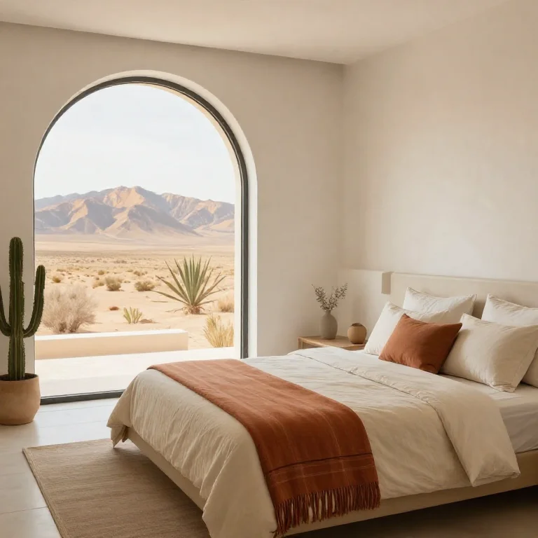 Desert View Suite with king bed and arched window facing the mountains