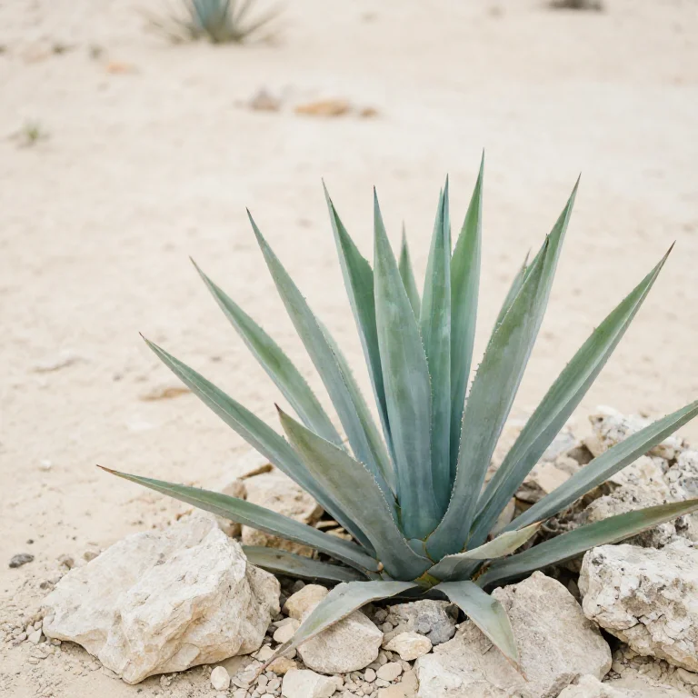 Blue-green agave growing among pale desert rocks