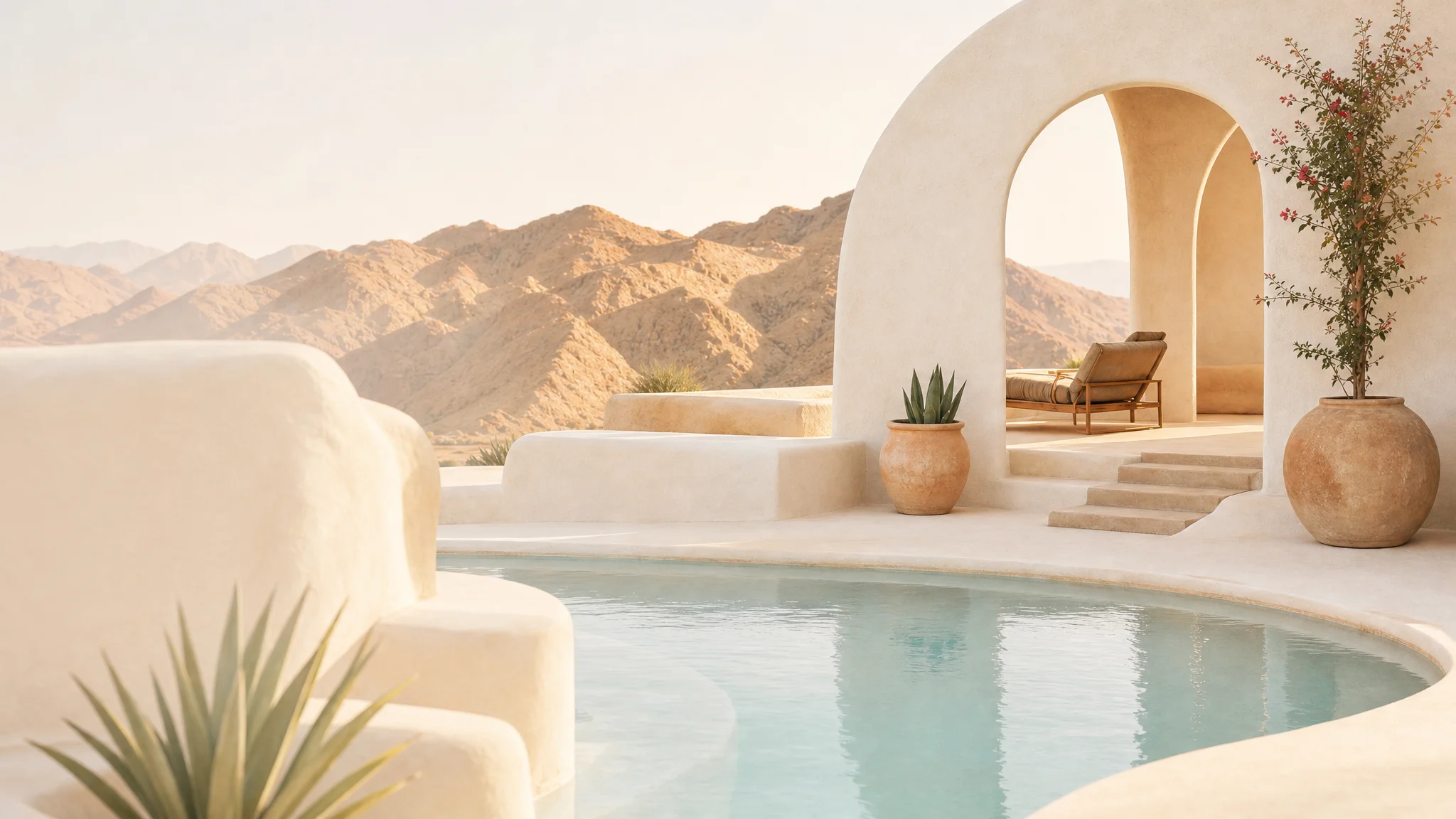 Cream plaster desert spa terrace with a curved pool and archway framing the Sonoran mountains