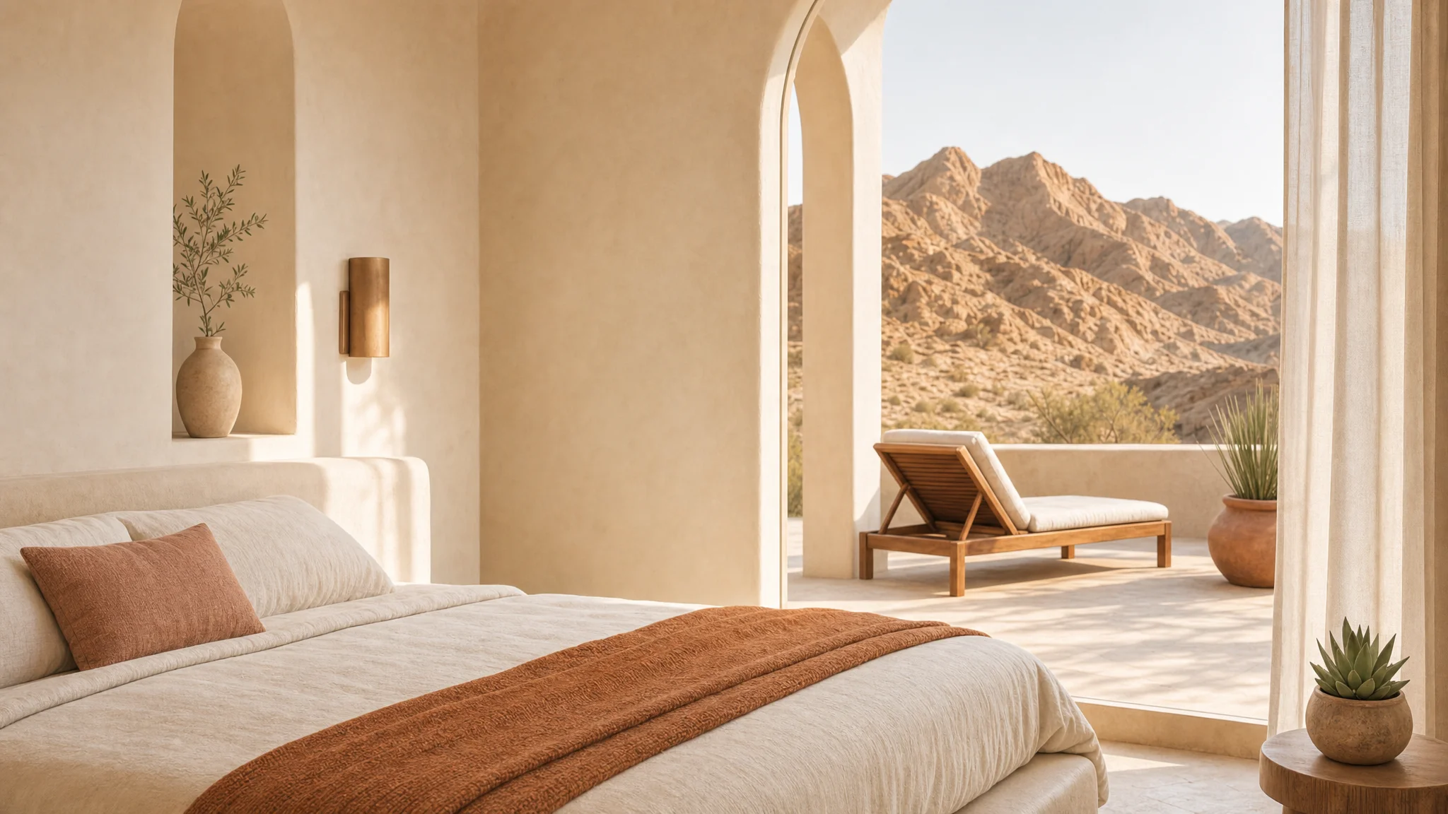 Sunlit desert suite with ivory linen bedding and an arched doorway opening to a mountain terrace