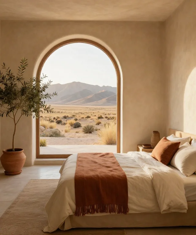 King suite with an arched window framing sunlit desert mountains