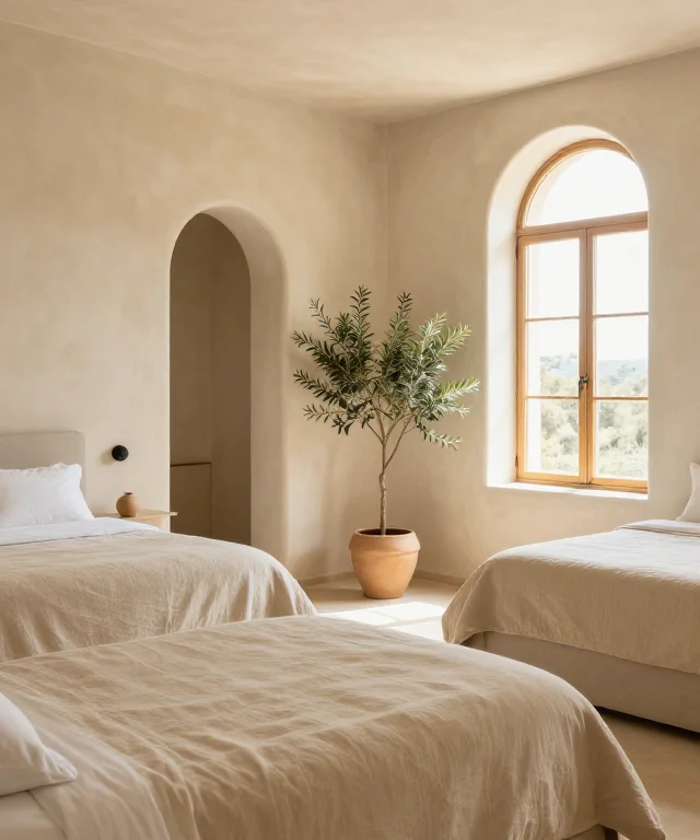 Garden suite with two queen beds and arched windows