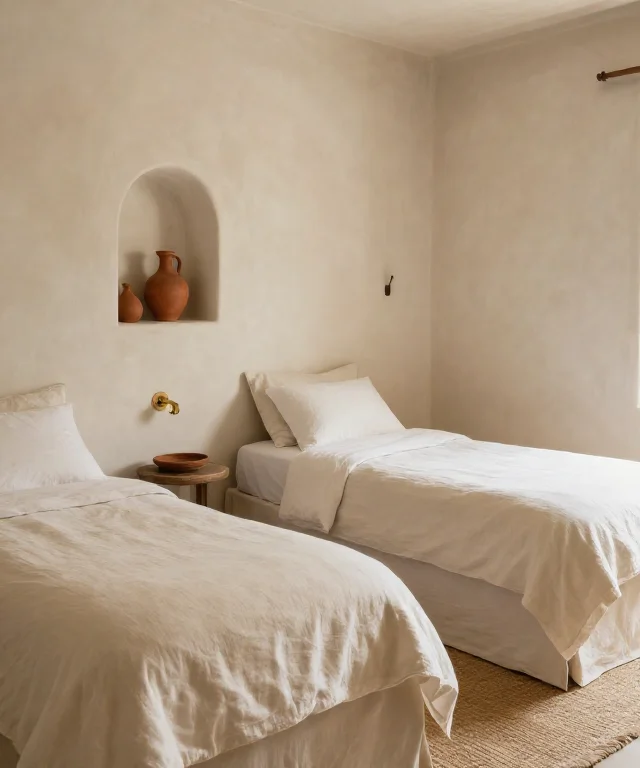 Retreat room with two twin beds and a plaster shelf niche