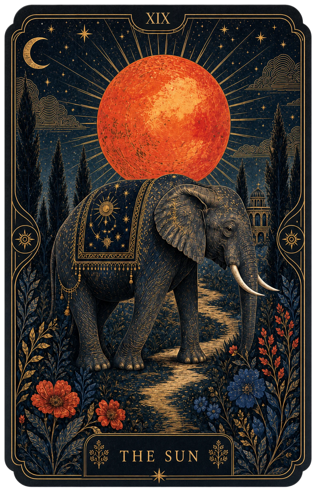 The Sun — tarot card XIX. A caparisoned elephant walks a winding path through cypress trees beneath an enormous orange sun.